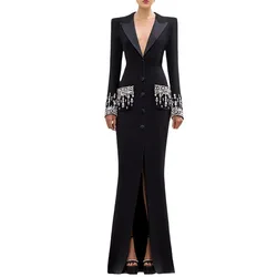 GIOIO Women's palace embroideried flares rhinestone blazer dress lapel long sleeve maxi evening mermaid dress blazer coat