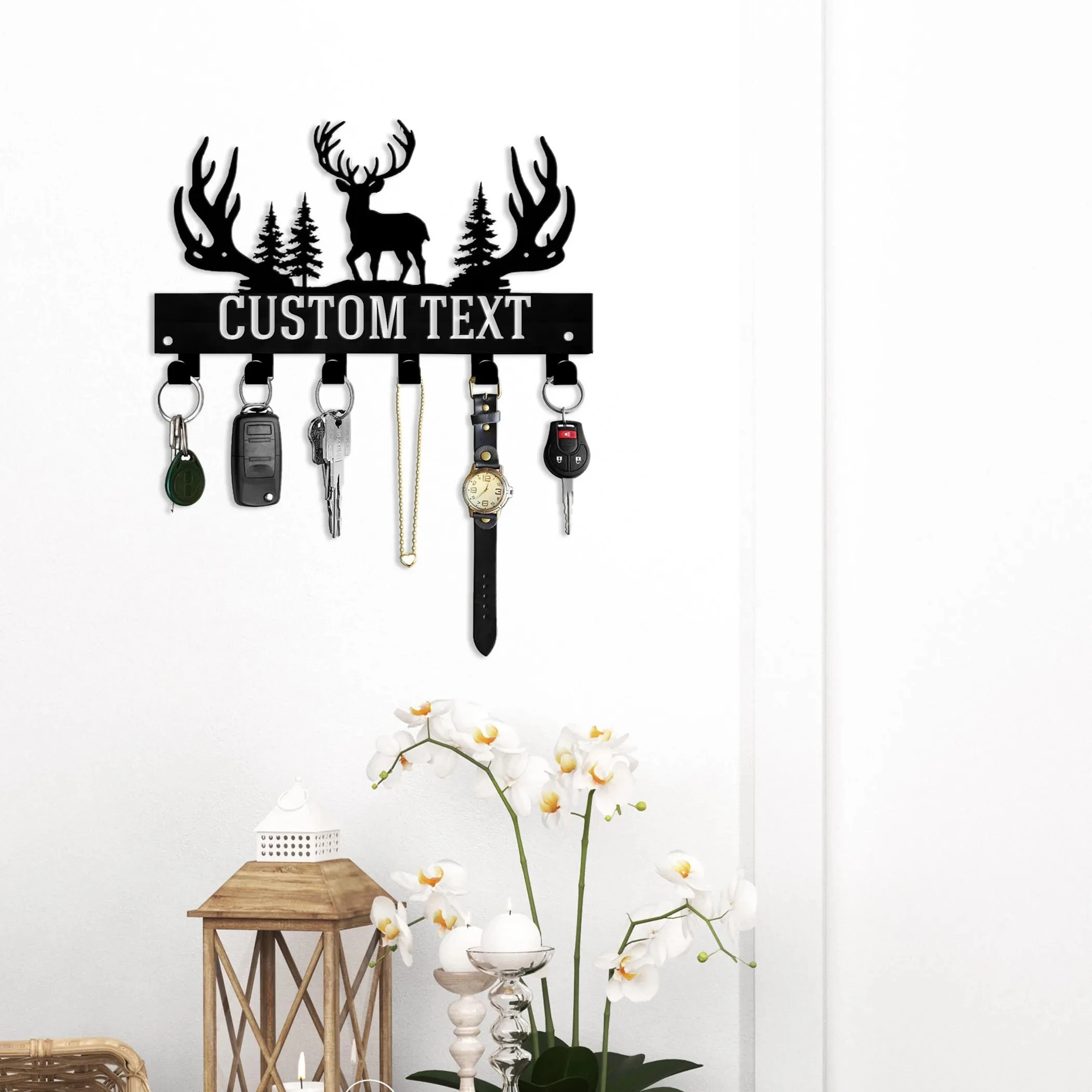 Personalized Antler Deer Key Holder, Wall-Mounted Metal Organizer with Forest Buck Silhouette Hooks for Rustic Cabin