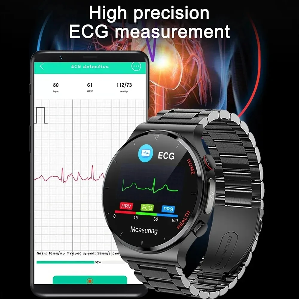 ECG e PPG Três relógios inteligentes a laser altos para homens, freqüência cardíaca, pressão arterial, medição de glicose no sangue, Smartwatch +