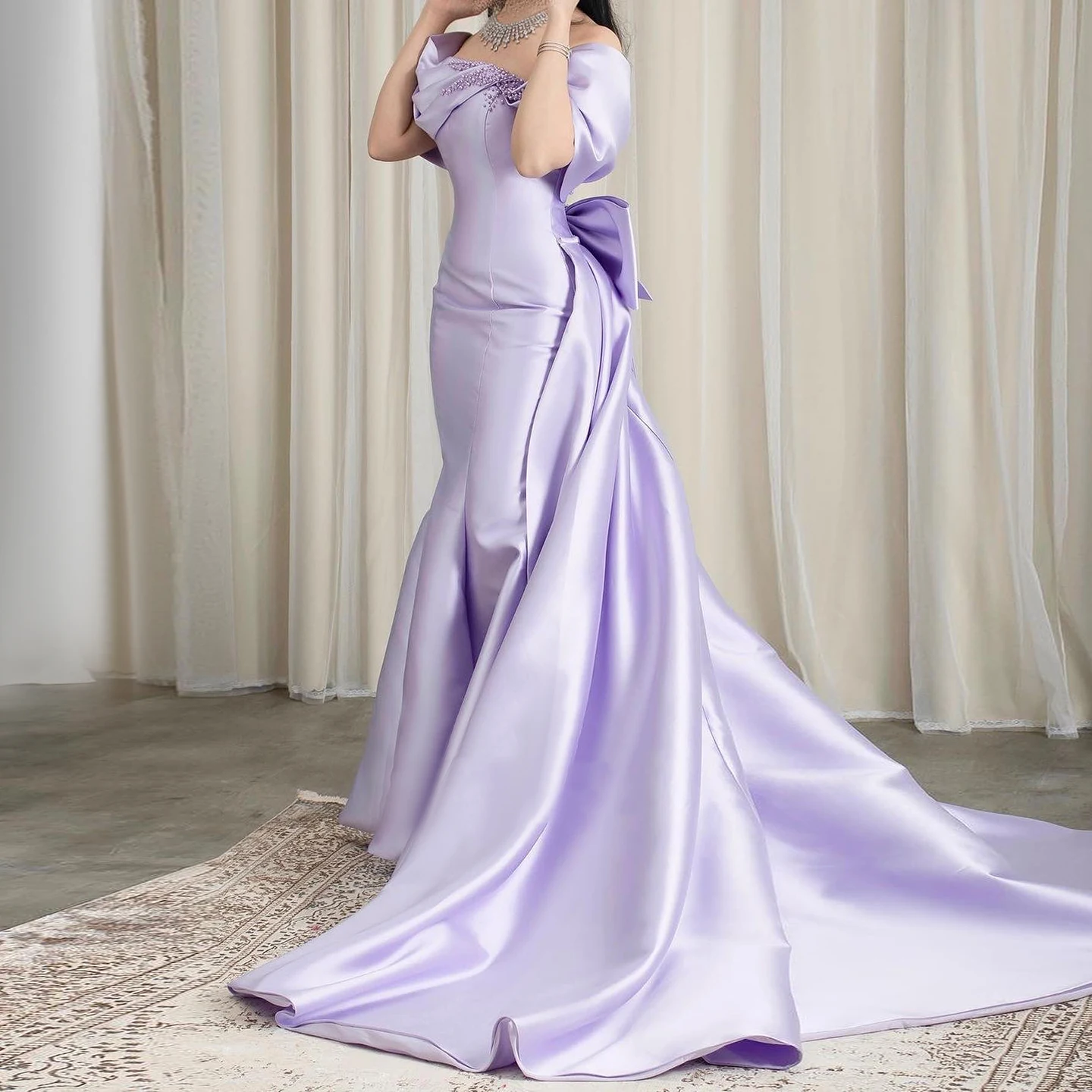 Sharon Said Lilac Off-Shoulder bow-knot Evening Gown with Overskirt Elegant Arabic Wedding Formal Party Dress SF084 Customized