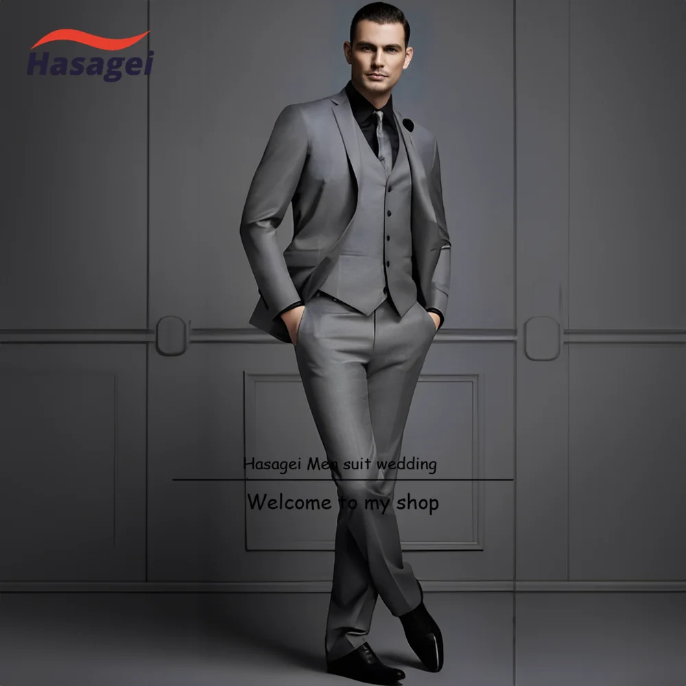 Traje elegante de tres piezas para hombre, esmoquin de novio de boda, chaqueta ajustada, pantalones, chaleco, traje Formal de fiesta, color gris
