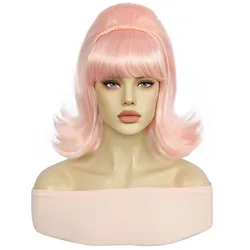 Synthetic Vintage Outward Wavy Beehive Wig Short Retro Flip Pink Female Wig with Bangs For Women Sweet Cute Anime Cosplay Wig