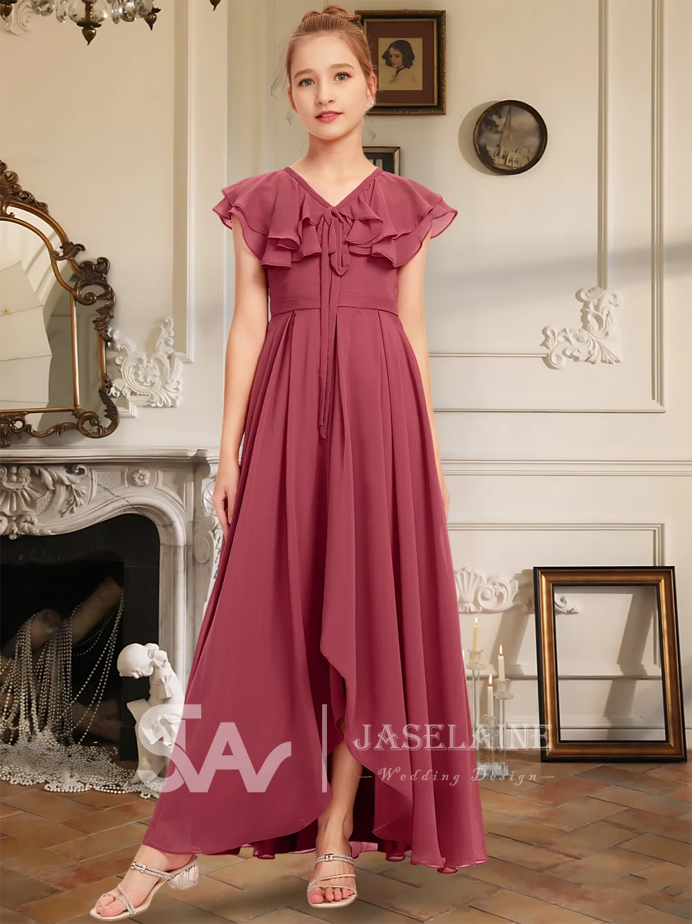 A Kids A Line V Neck Floor Length Chiffon Junior Bridesmaid Dress With Bow Short Sleeve Flower Girl Dress Wedding Party Formal