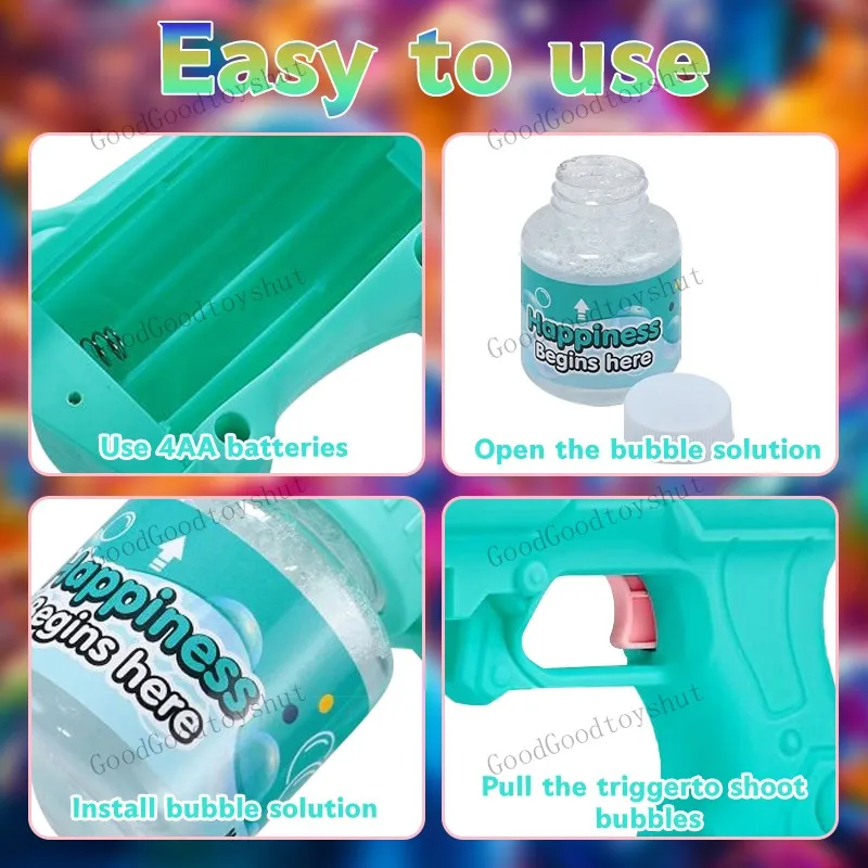 Pistola de bolhas com luzes LED, brinquedo soprador de bolhas automático para jogos ao ar livre, diversão para festas e atividades de verão