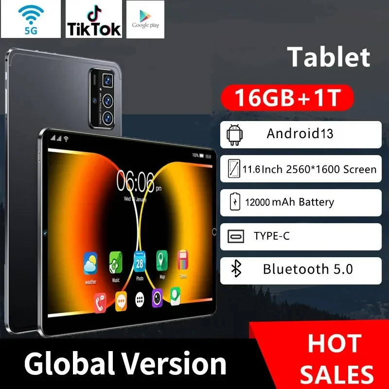 2024 nowy globalny wersja 11.6 Cal Tablet Android13 16GB Ram 1T Rom Dual SIM 10Core WPS GPS Bluetooth 5G sieć GPS WPS Tablet PC