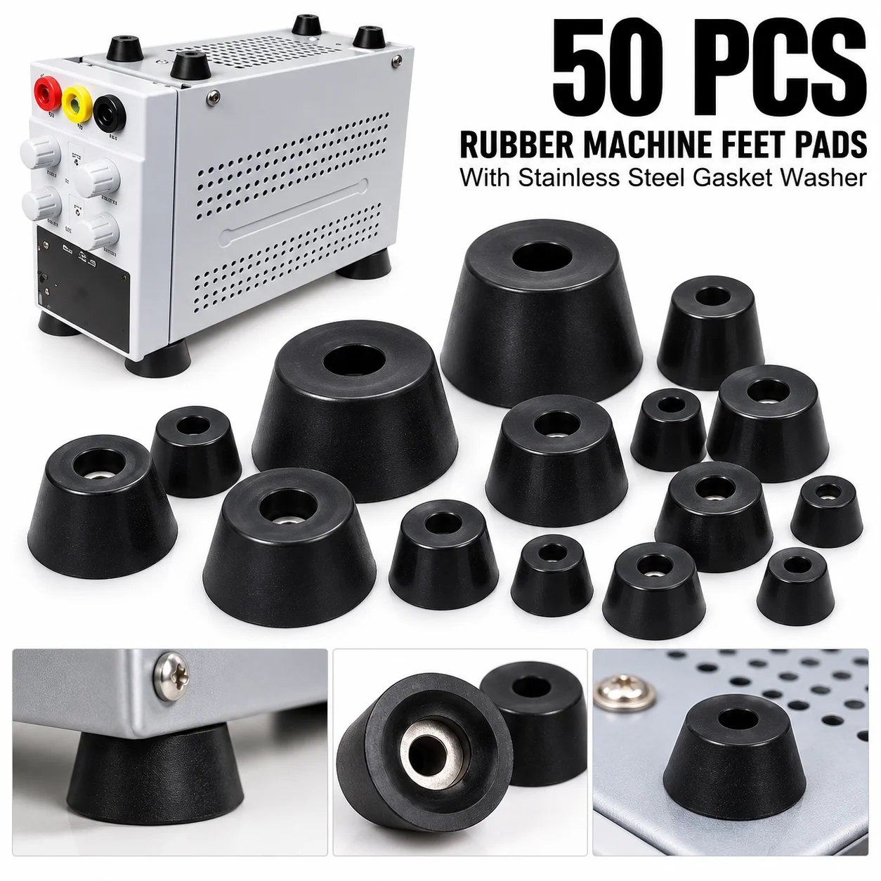 50Pcs Furniture Pads Black Rubber Machine Feet Pads With Stainless Steel Gasket Washer Chair Table Cabinet Leg Non-slip Pads