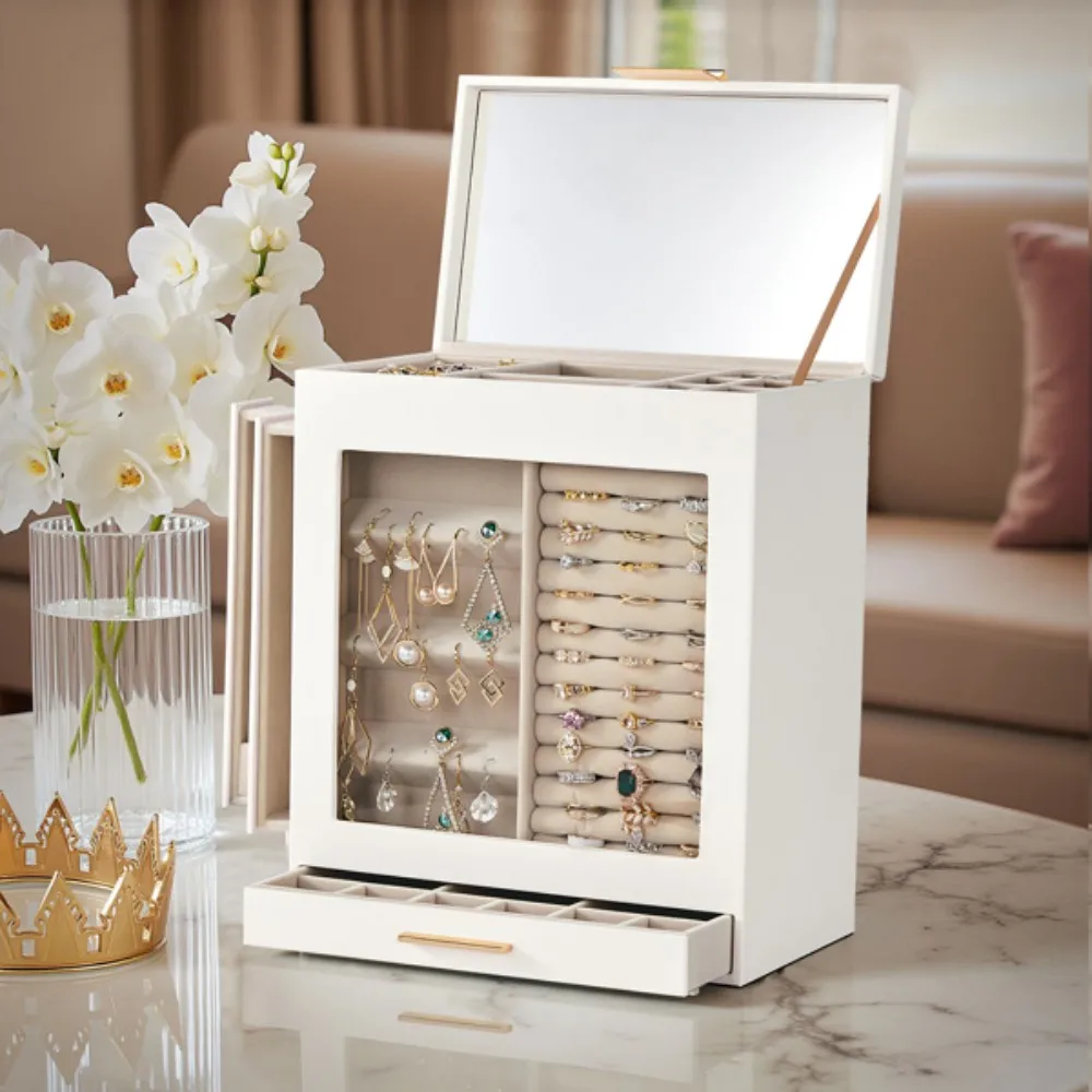 

White Storage Cabinet for Accessories Elegant 4-Drawer Jewelry Box with Clear Front Pink Velvet Interior Suitable for jewelry