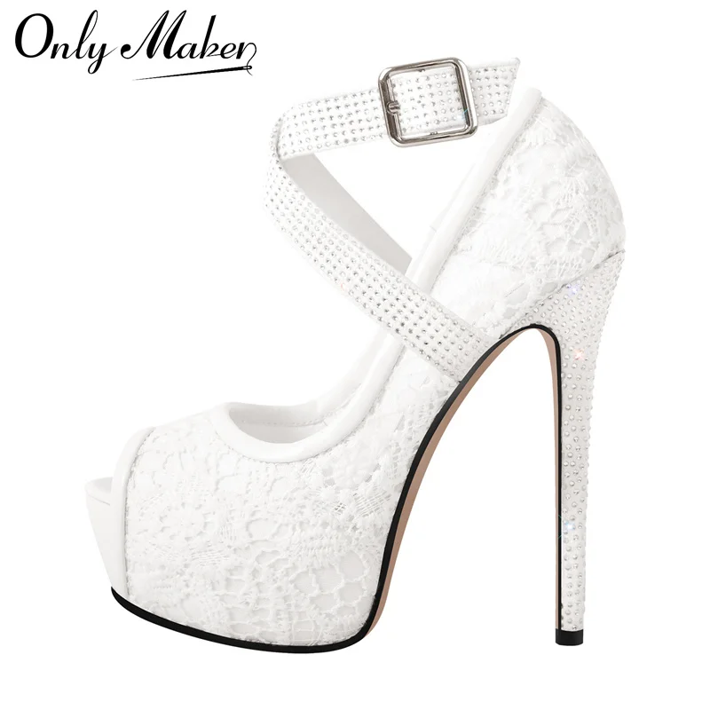 

Onlymaker Peep Toe Platform Lace Floral Mesh High Heels Thin High Heels Slip On Ankle Strap Women Pumps