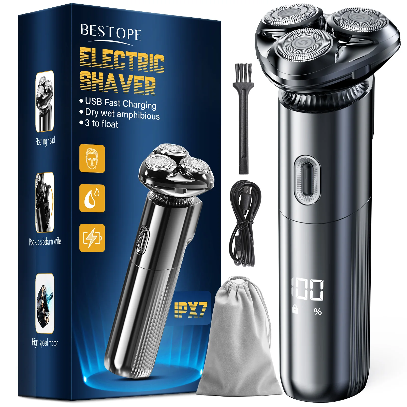 BESTOPE PRO Electric Shaver Men's Electric Shaver - Men's Electric 3D Dry Shaver with Magnetic Shaving Heads IPX7 with Travel Lo