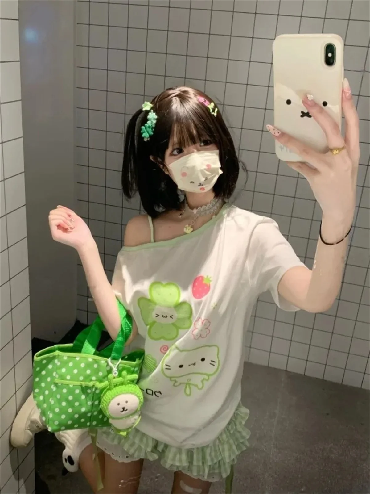 2026 Cute Harajuku T Shirts Women Cartoon Sweet Diagonal Collar Short Sleeve Off Shoulder Funny Tops Female Y2k Ladies Tshirts