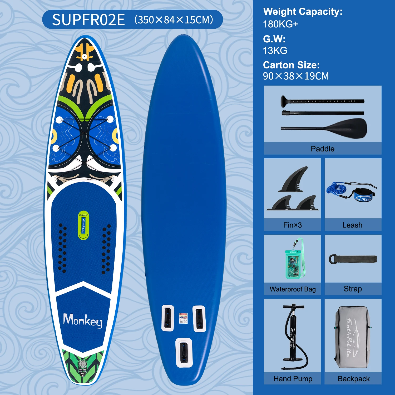 Feath-R-Lite opblaasbare Stand-Up Paddleboards, maat 11.6'*33"*6", inclusief complete accessoires.