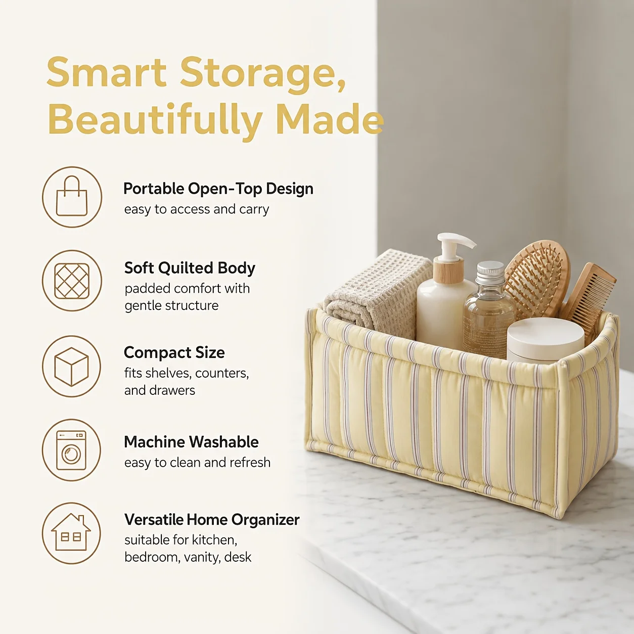 1pcs Storage Basket - Soft Quilted Home Organizing Box, Machine Washable Striped Fabric Storage Basket, Storage Basket