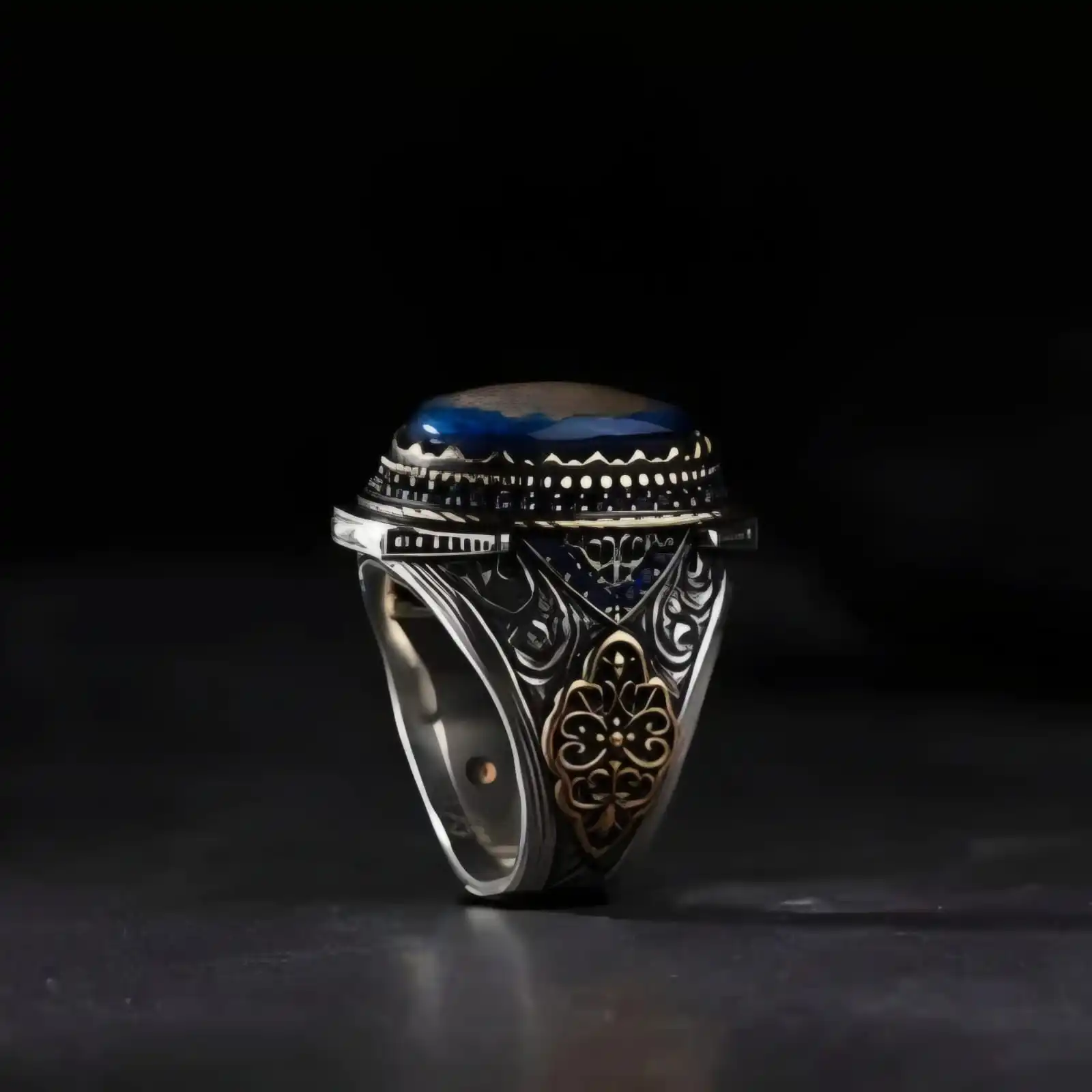 Blue Amber Carved Surah Inshirah Men's Ring with Zircon Stone - Silver Engraved Jewelry - Ottoman Turkish Style