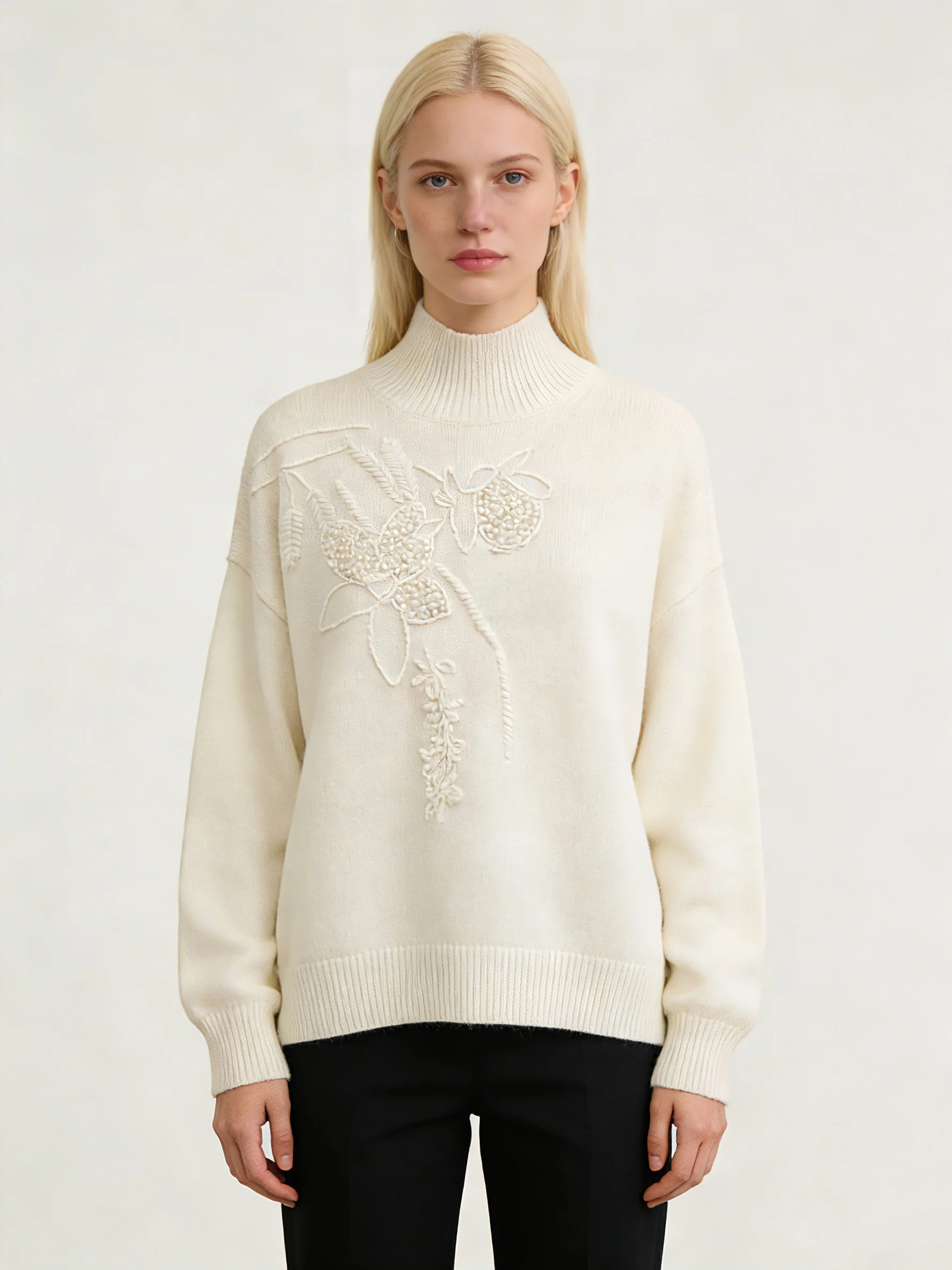 

100% Cashmere Women's Beige Embroidered Turtleneck Sweater Loose Fit Knit Casual Jumper