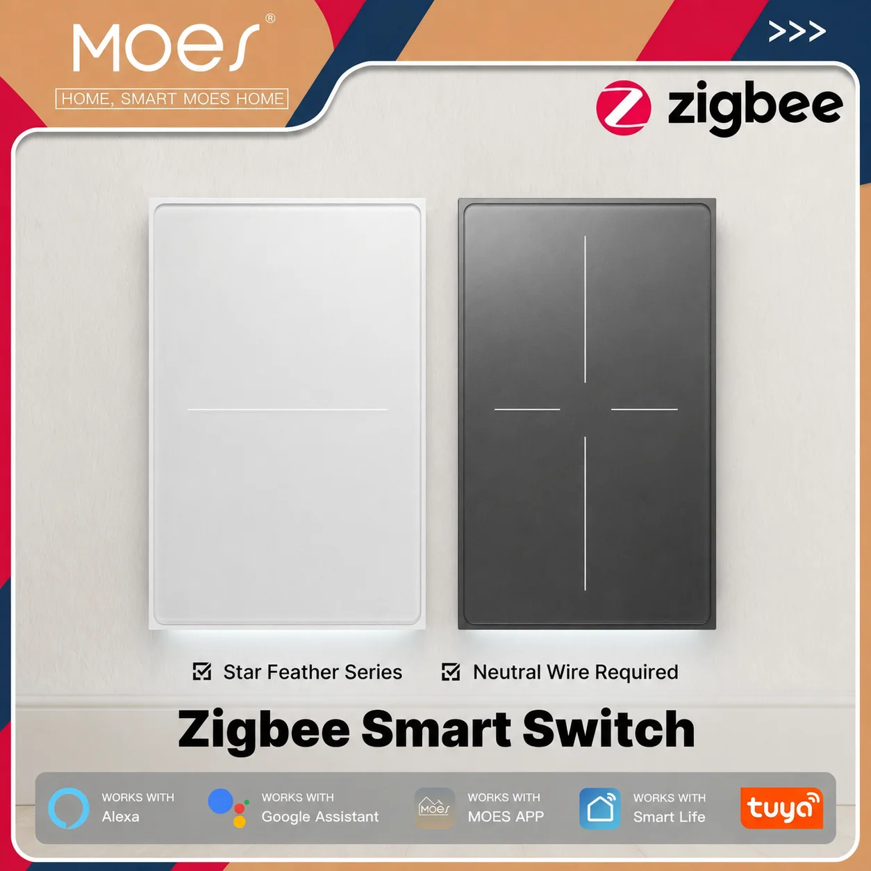 MOES Tuya ZigBee Star Feather Schalter US Smart Air Touch mit Neutrallicht-Szenenfunktion 2-in-1 APP-Fernbedienung mit Alexa Google Home