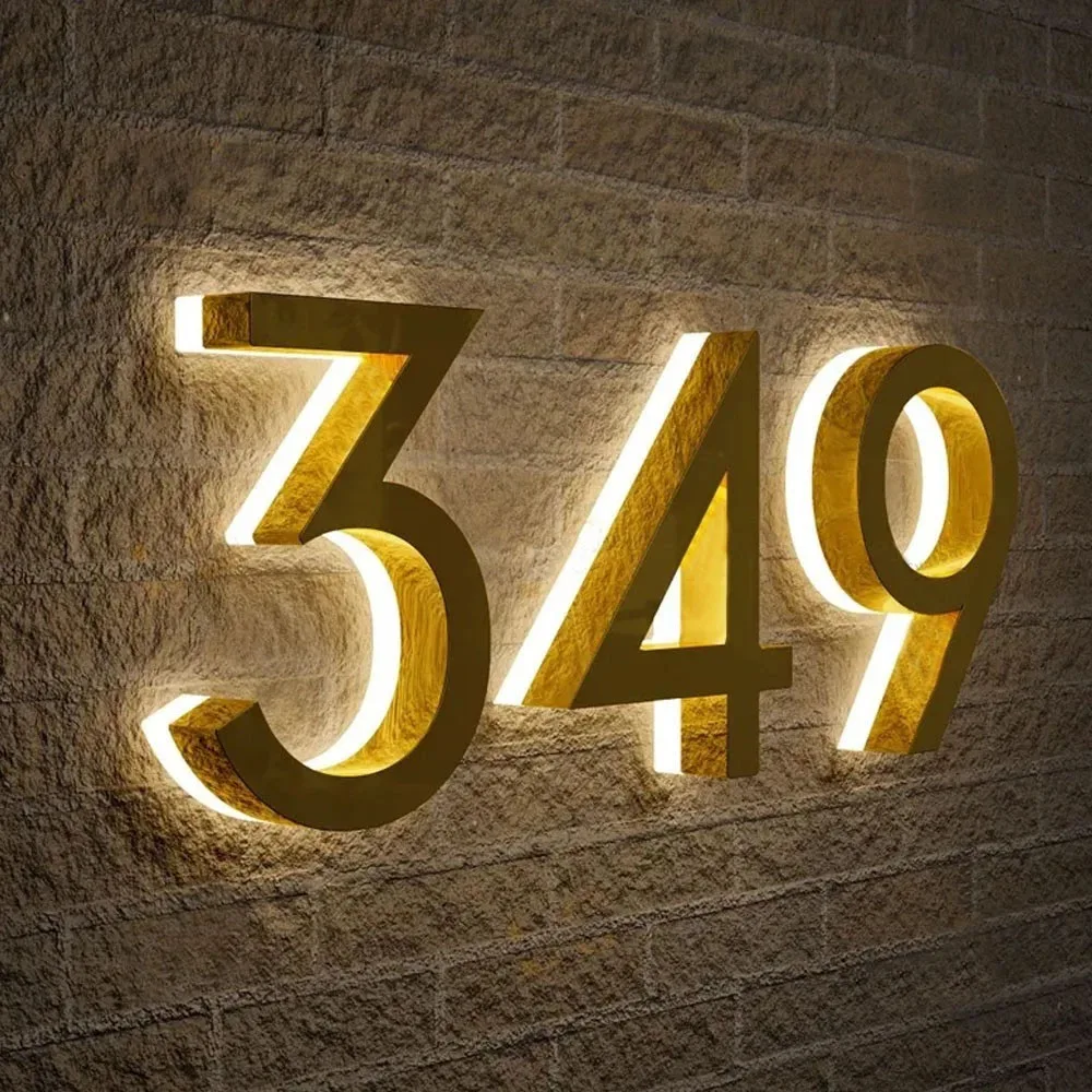 Metal Illuminated House Numbers LED Light Outdoor Waterproof Home Hotel Door Plates Stainless Steel Sign Address Free Adapter