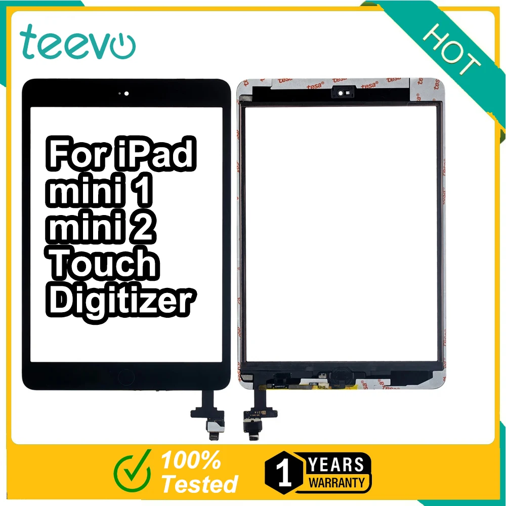 Teevo For iPad mini 1/mini 2 Touch Digitizer with home button/camera bracket/adhesive/with IC/golder border Black