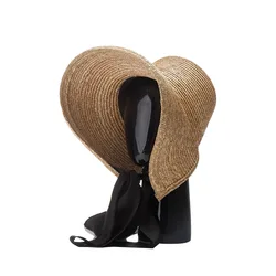 Classical Women Straw Bucket Hat Long Black Strap Summer Hat Travel Outdoor Garden Sun Protection Hat Big Wide Brim Beach Hat