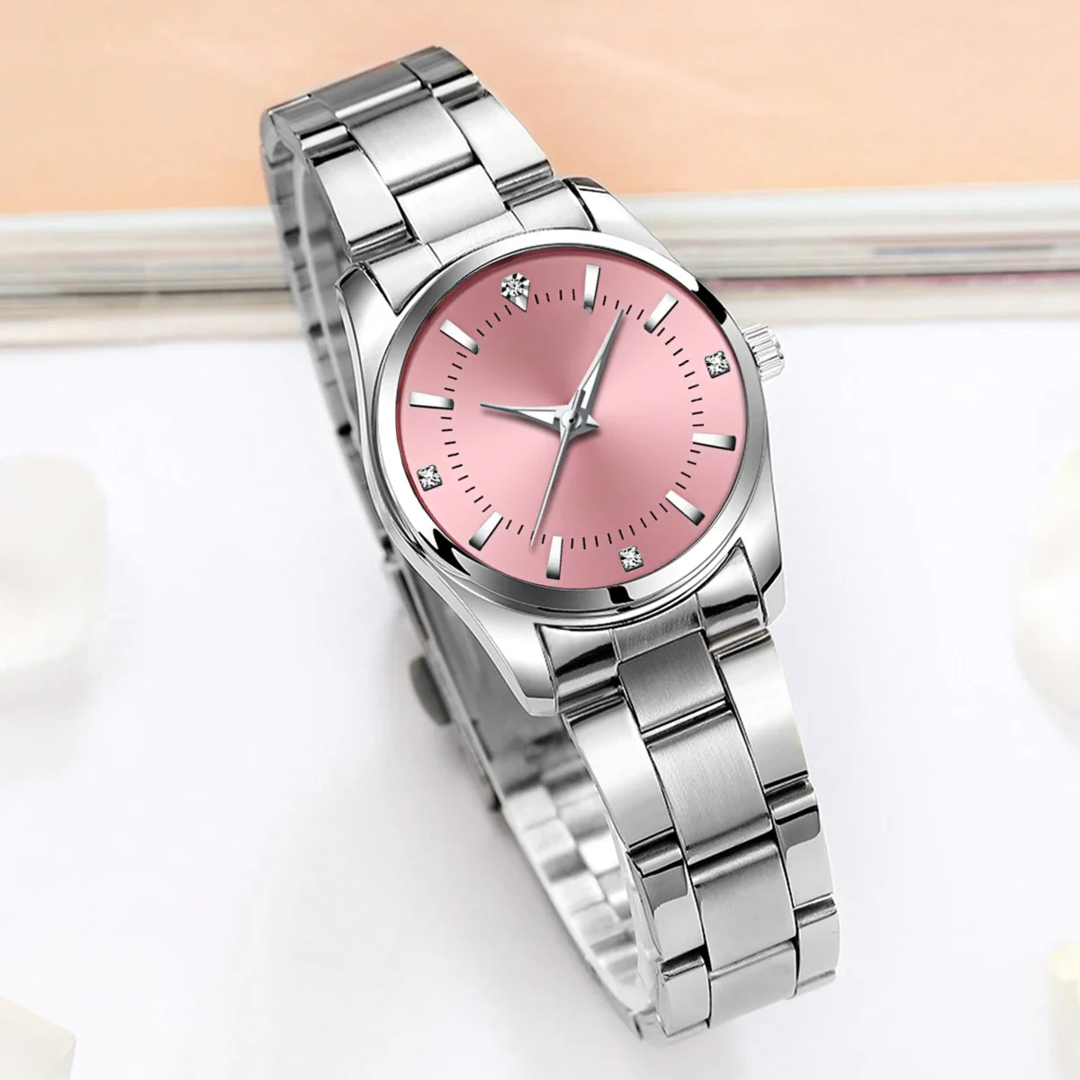 Montre pour femme de luxe 29mm à la mode en acier inoxydable strass rose minimaliste fille horloge en plein air voyage femmes montres-bracelets