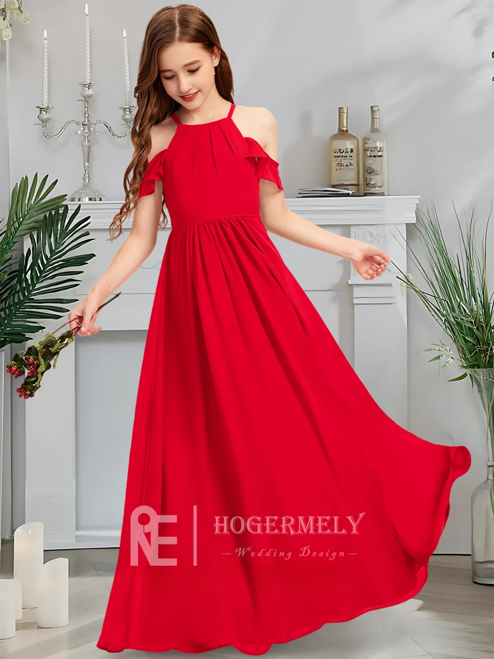 Детское платье подружки невесты с лямкой на шее, детское платье с цветочным узором в виде розы для девочек, шифоновое платье длиной до пола с каскадными оборками на свадьбу