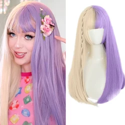 HUAYA Long Straight Wig with Bangs Purple-White Heat Resistant Synthetic Hair Wigs for African American Girl Lolita Cosplay Wig