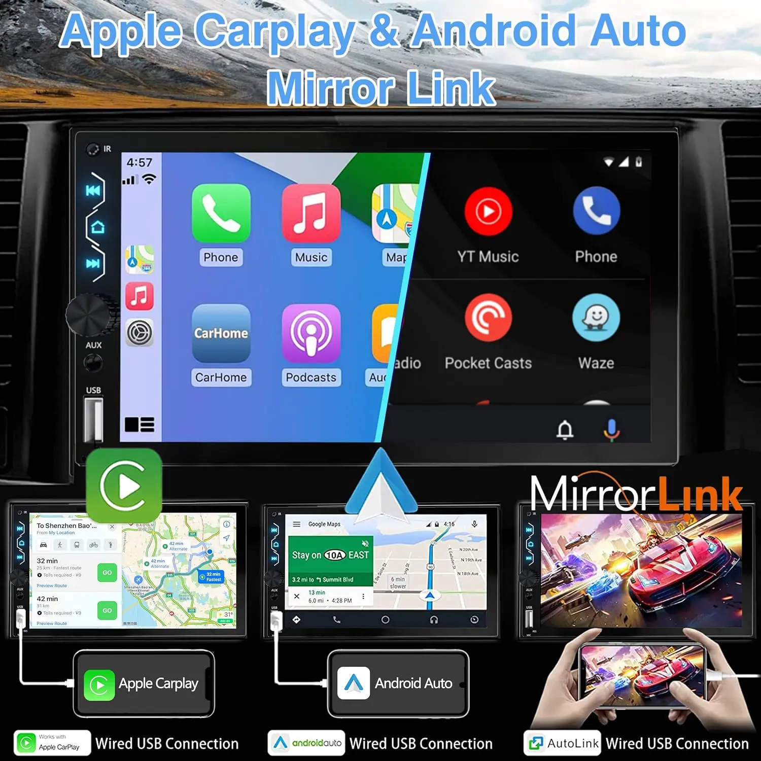 7 Inch Full HD Touchscreen Car Radio 2 Din Car Video Player Support CarPlay and Android Auto with Backup Camera Bluetooth USB FM