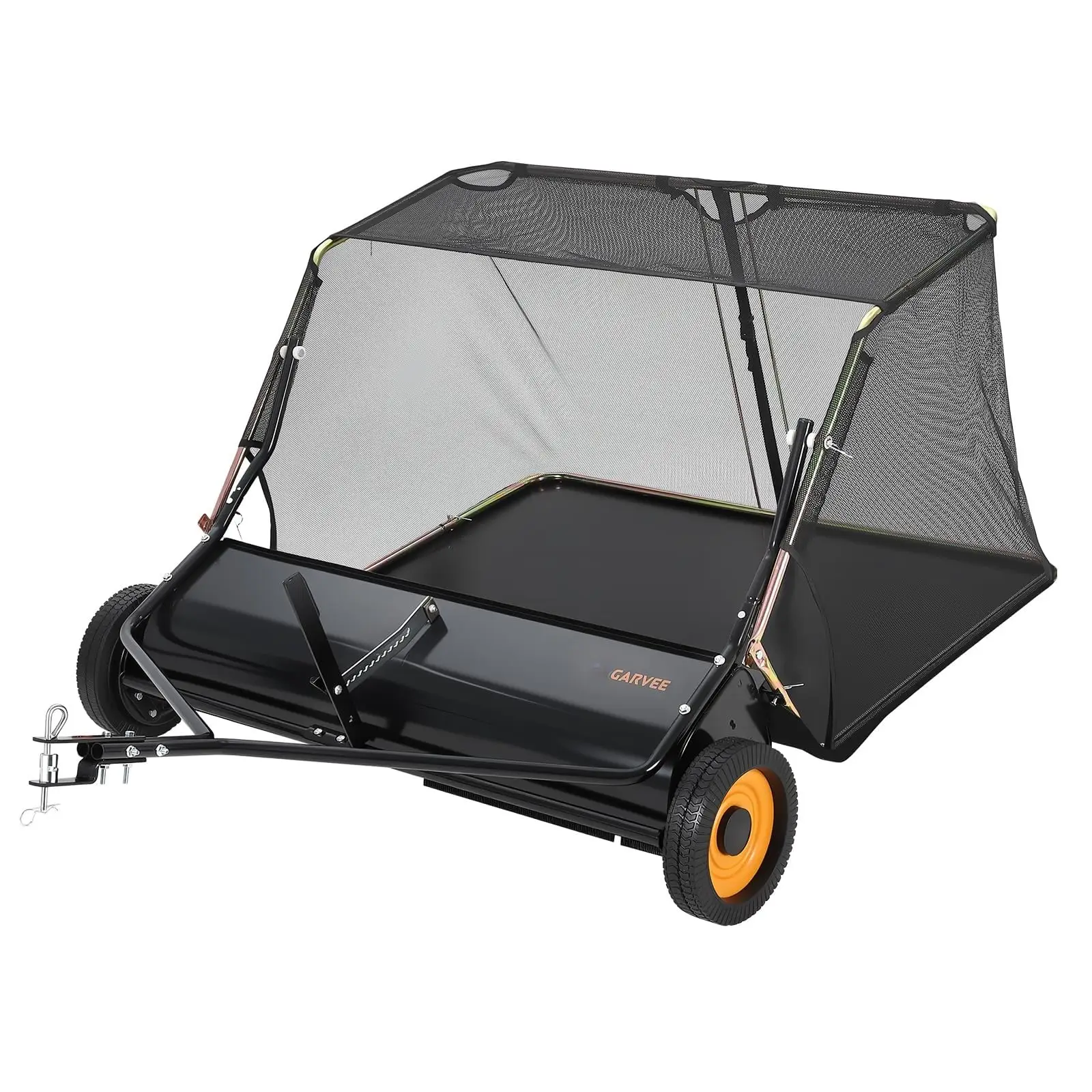 Tow Behind Lawn Sweeper, 44 Inch Pull Behind Lawn Sweeper, 26 cu. ft. Hopper Bag Capacity Leaf & Grass Collector, Garden Sweeper with Dumping Rope Design, Adjustable Sweeping Height for Lawn Farm