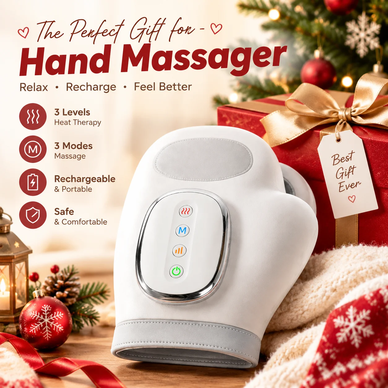 Machine de massage à main sans fil avec compression de chaleur et d'air, 3 modes 5 niveaux électrique chauffé à la main Palm Finger Massager au poignet pour l'arthrite Carpal Tunnel Relief, cadeau pour Noël Femmes Hommes