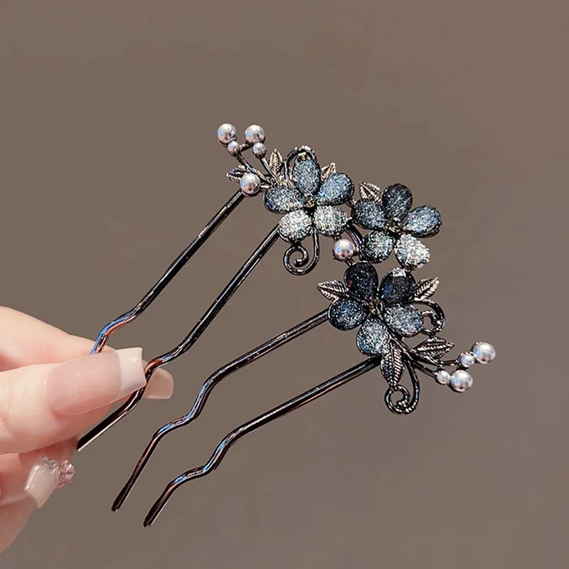Chiński starożytny styl Wykwintna perła Rhinestone Kwiat Grzebień do włosów w kształcie litery U Kobiety Elegancki temperament Codzienna metalowa spinka do włosów — zdjęcie 2