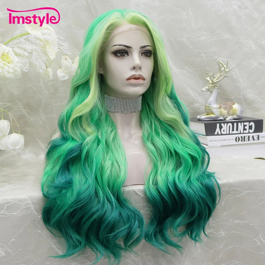 Imstyle Green Wig Long Synthetic Lace Front Wig Wavy Ombre Wigs For Women Heat Resistant Fiber Highlight Cosplay Wig