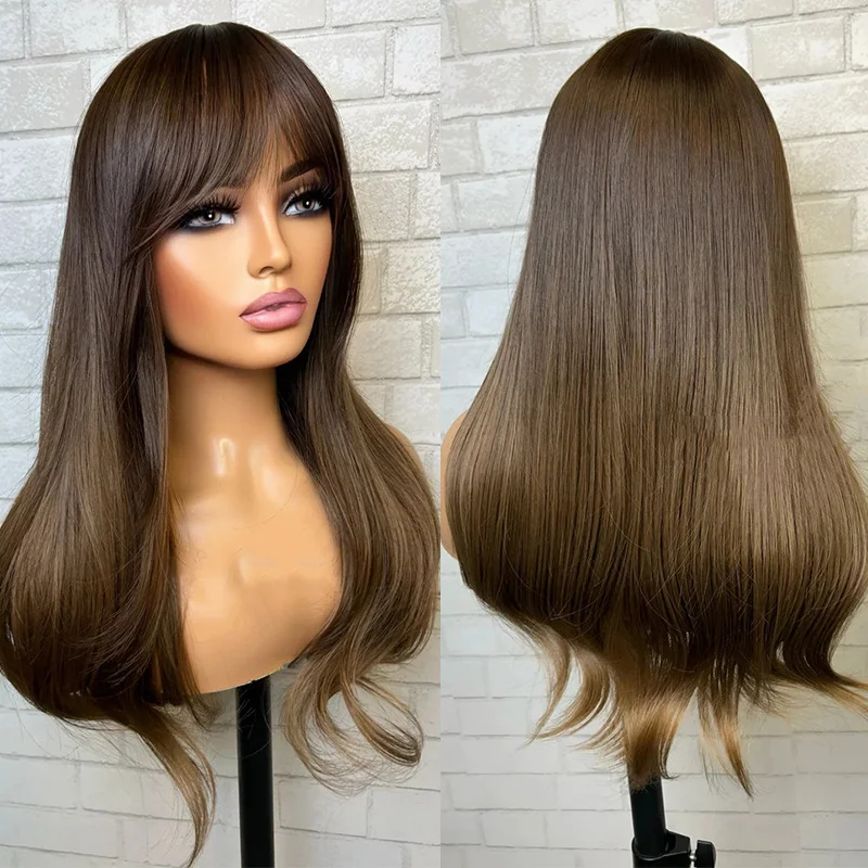 22”-chestnut-brown-ombre-soft-straight-wig-with-bangs-heat-resistant-synthetic-fiber-women-wigs-natural-looking-blend-human-hair