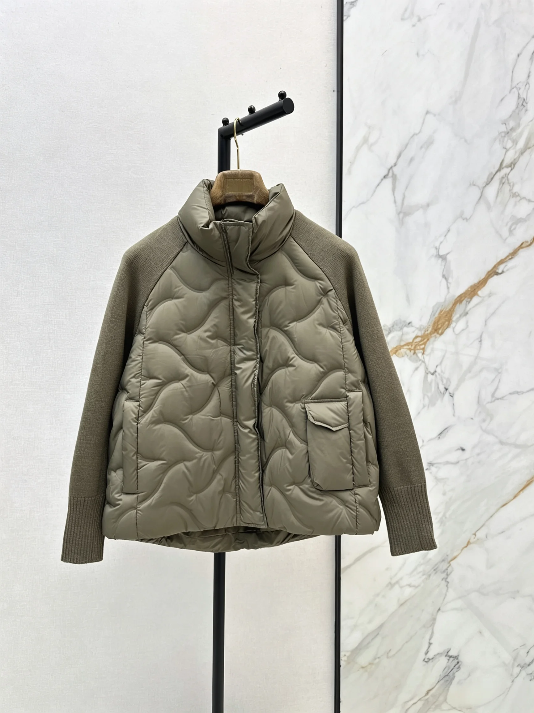 2026 Women Winter Knit Spliced Stand Collar Short Padded Jacket ZX5720