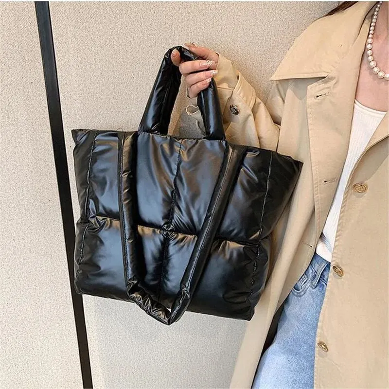 Fashionable Leather Shiny Personalized Large-Capacity Women’s Shoulder Bag Autumn and Winter down Jacket Handbag