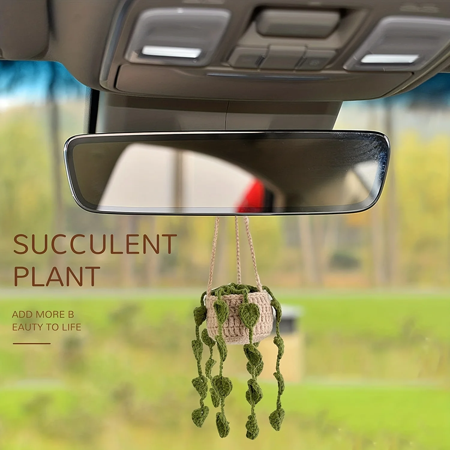 Cestino sospeso all'uncinetto per piante per auto Boho, pianta sospesa per decorazioni per auto, accessori per auto, accessori per specchietti retrovisori per ornamenti per auto C