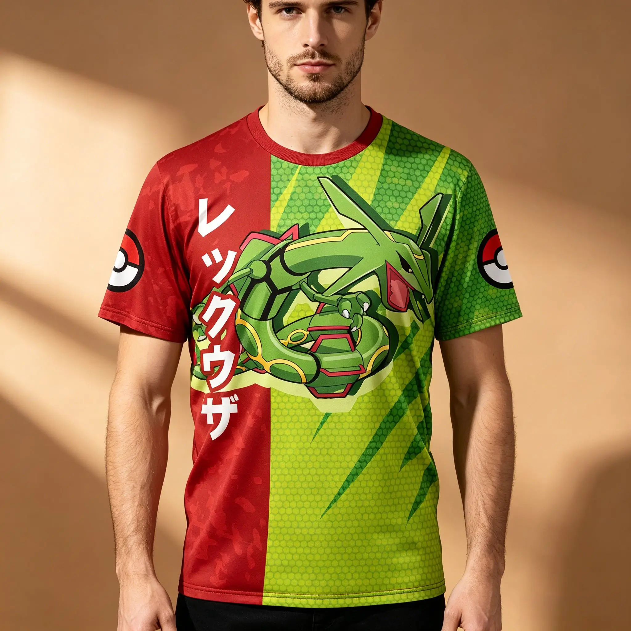 Men's Two Tone Split Full Sublimated Anime Graphic T-Shirt, Pokemon Rayquaza Print Pokeball On Sleeves Vertical Japanese Kanji S