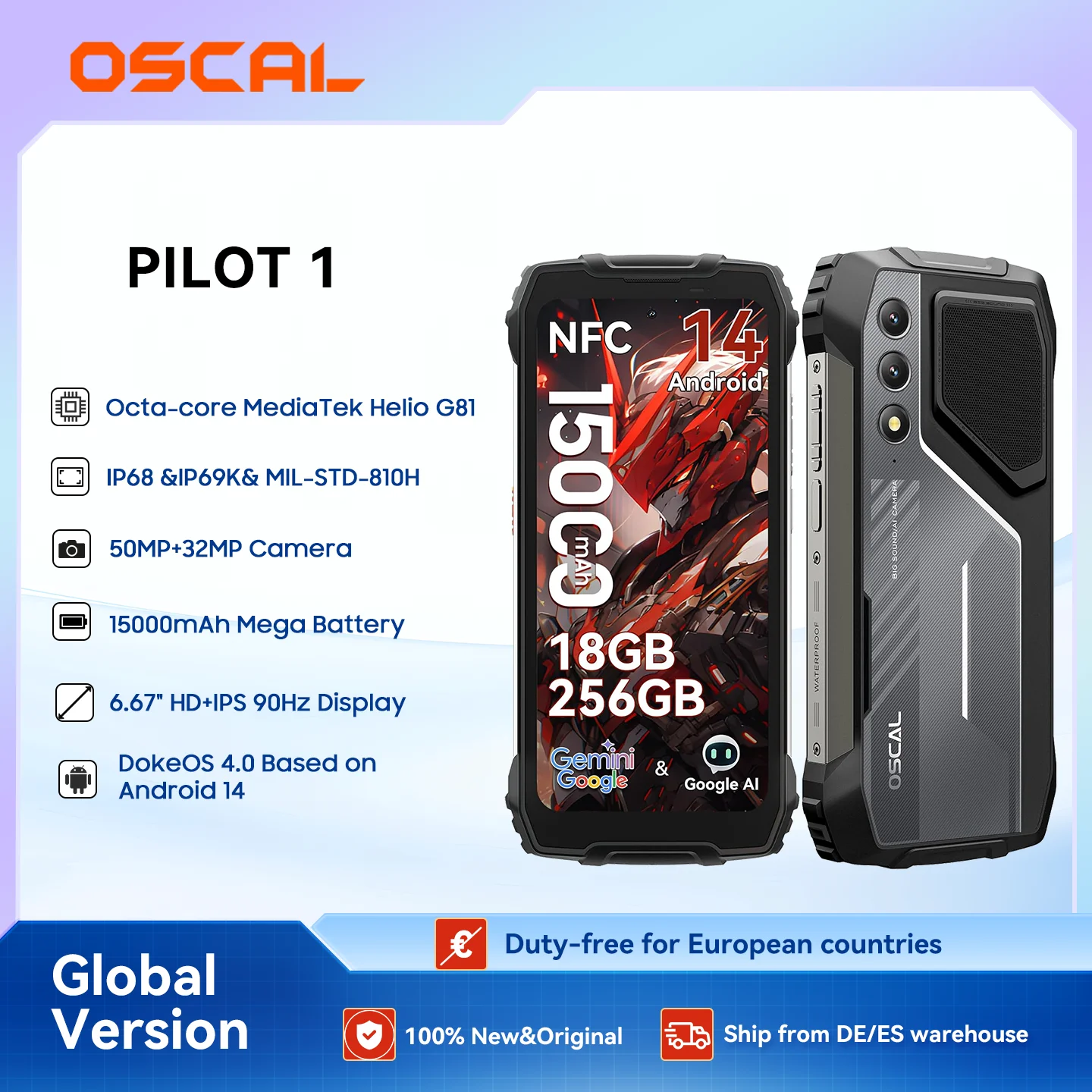 OSCAL Pilot 1 6.67'' Téléphone robuste, Gemini AI Android 14 Téléphone extérieur étanche 8 Go + 256 Go, Octa Core, 15 000 mAh (33 W), double 4G