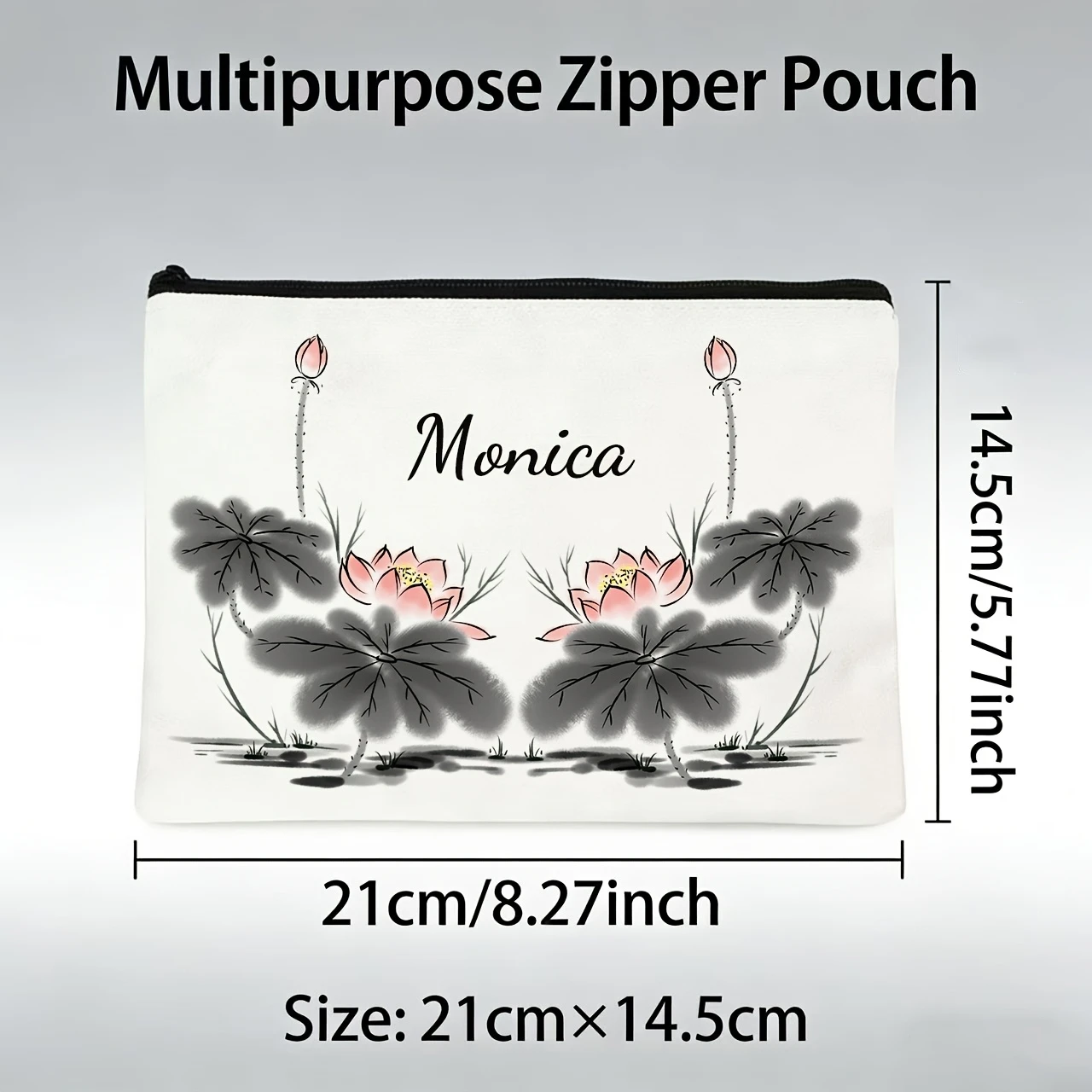 Customized Personalized Makeup Bag, Realistic Ink Lotus Flower Print with Layered Effect, Exudes a Sense of Tranquility