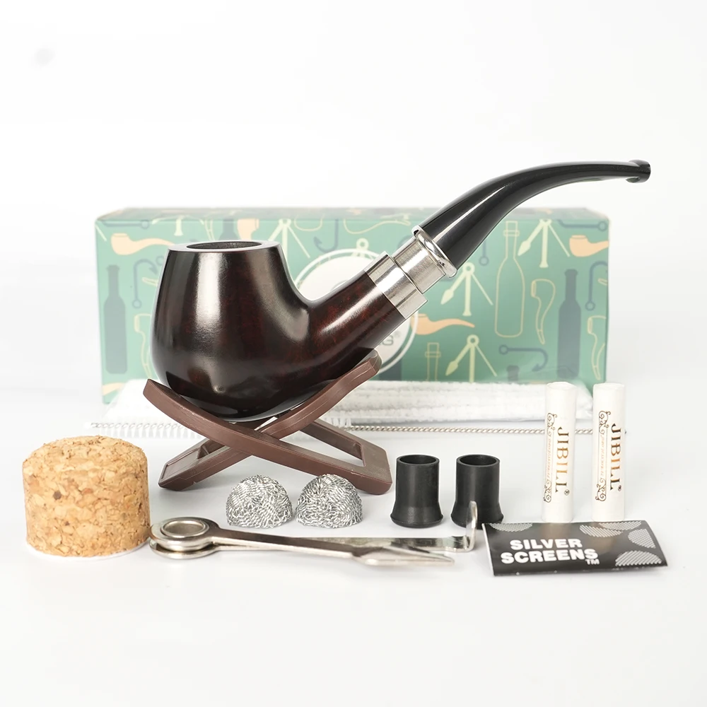 Briar wood tobacco pipe，9mm pipe channel ，Metal ring fixation on the mouthpiece ，Classic pipe set with cleaning accessories