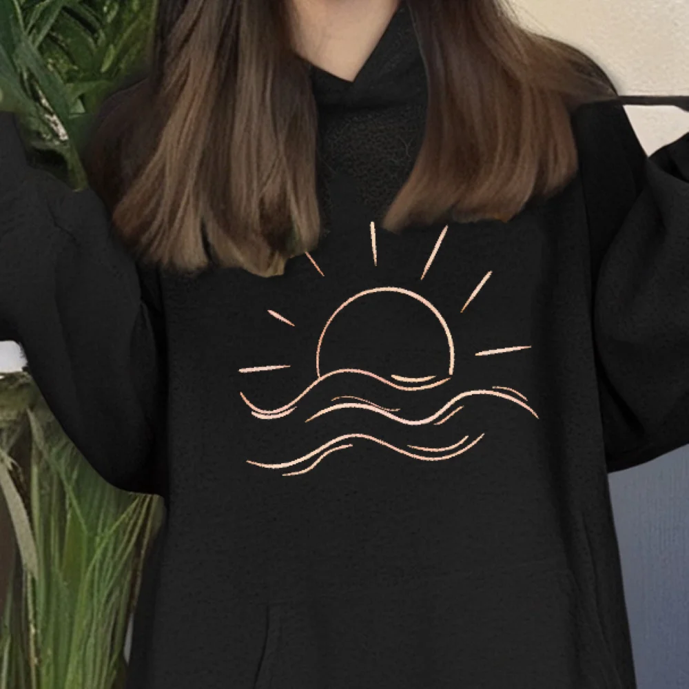 Sunset Wave Hoodie Sweatshirt Minimalist Nature Design Casual Loose Long Sleeved Chic Relaxed Fashionable Cloth Pick Tops