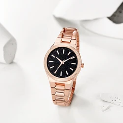 Ultra Thin Stainless Steel Rose Gold Star Dust Luminous Hand Set Crystal Bezel Lady Women Frosted Quartz Watch