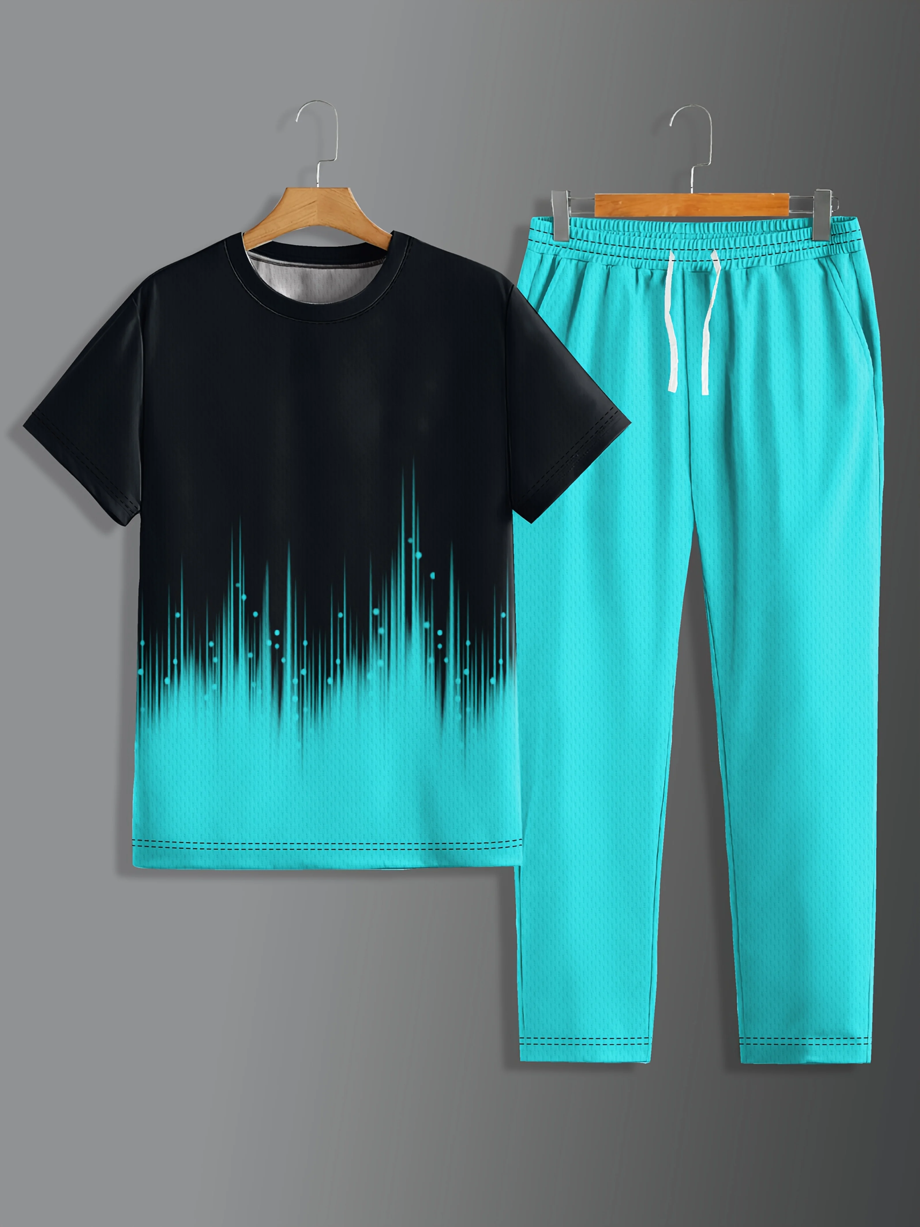 2025 Simple Men's Summer Gradient Printed Comfortable and Breathable Round Neck T-shirt Pants Set Outdoor Casual Two Piece Set