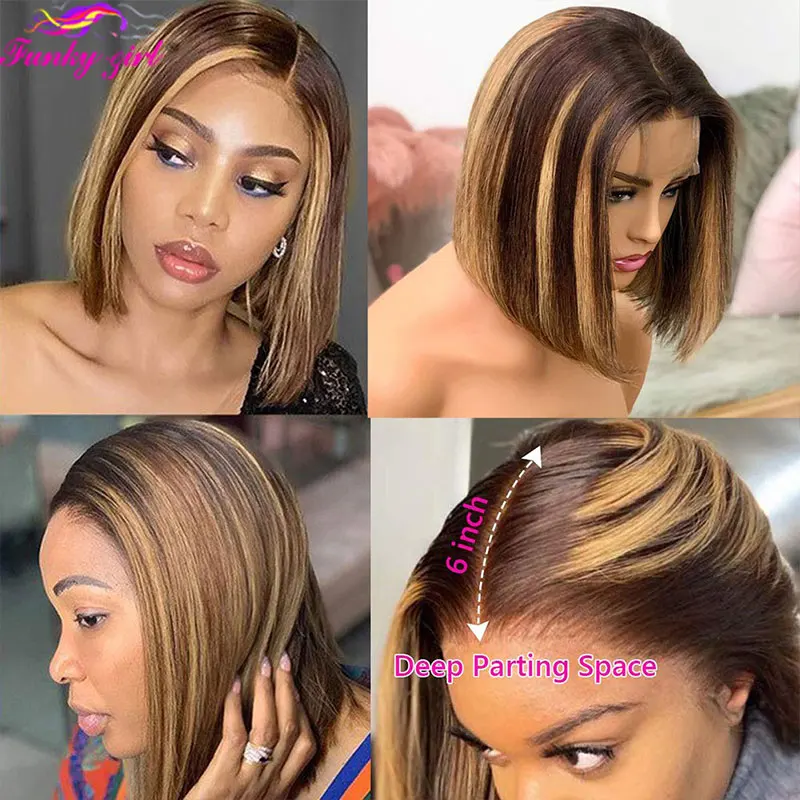 Highlight Bob Lace Wig Bone Straight Ombre Lace T Part Wig Short Bob Human Hair Wigs For Women Brazilian Remy Hair Colored Wigs