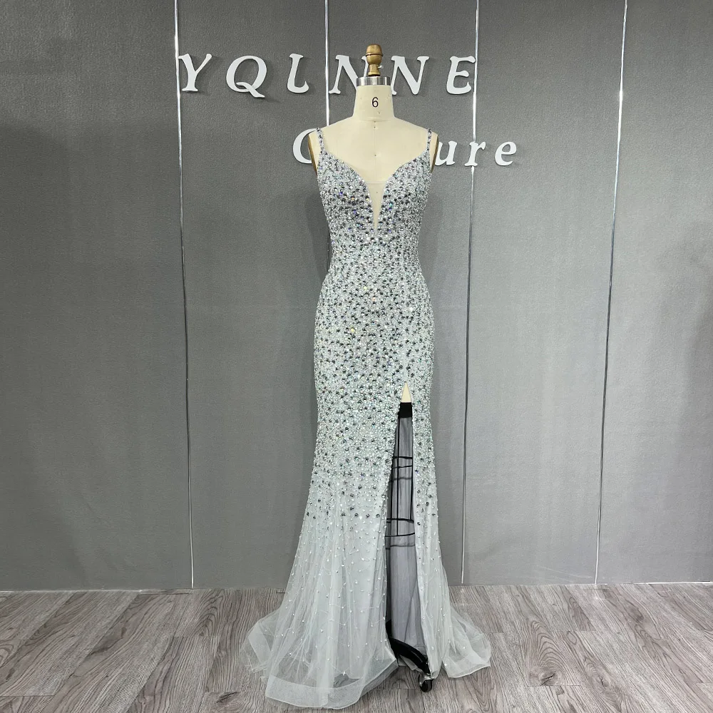 YQLNNE Luxury Silver Rhinestones Long Split Evening Dresses Handmade Tulle Beaded Sequins For Women Party Gown Mermaid