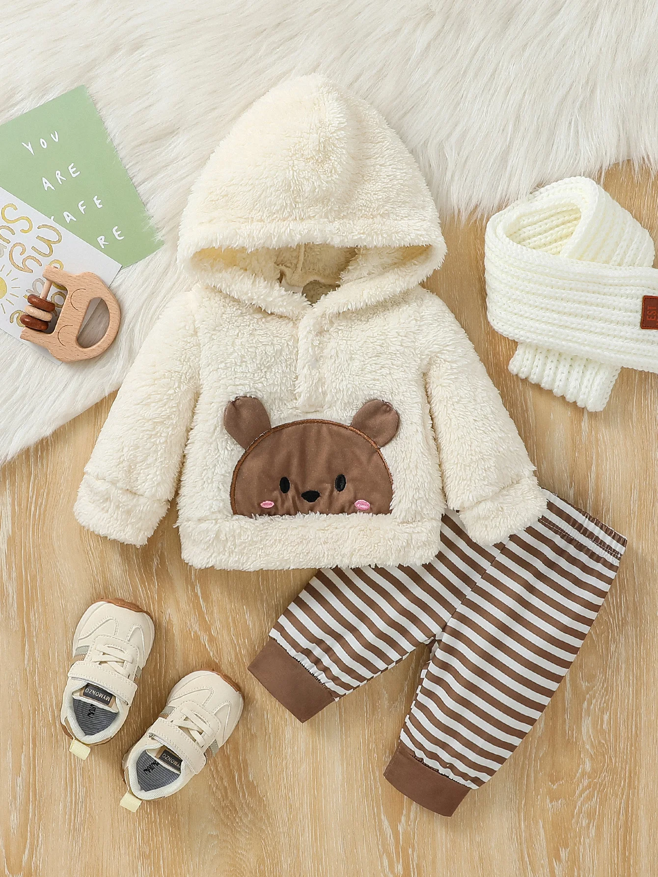 2024 Baby boy cute and casual winter plush long-sleeved Hooded Coat +long Striped pants For Newborn-6M