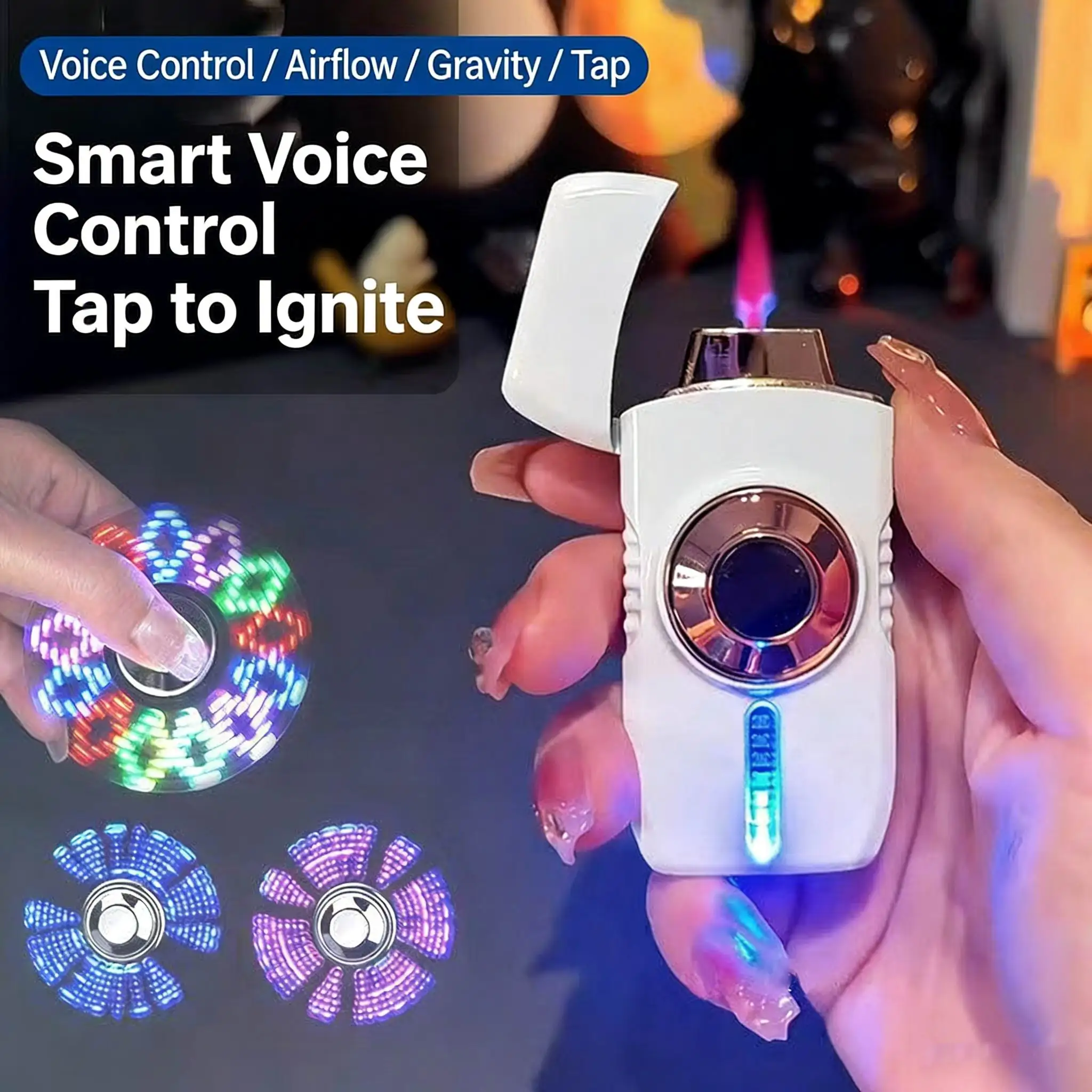 Voice-controlled electronic pulse lighter and stress-relieving fidget spinner; features 4 ignition settings, cool LED lights, and USB-C fast charging-a must-have for camping and BBQ, and a unique gift for men.(Butane Gas Not Included)
