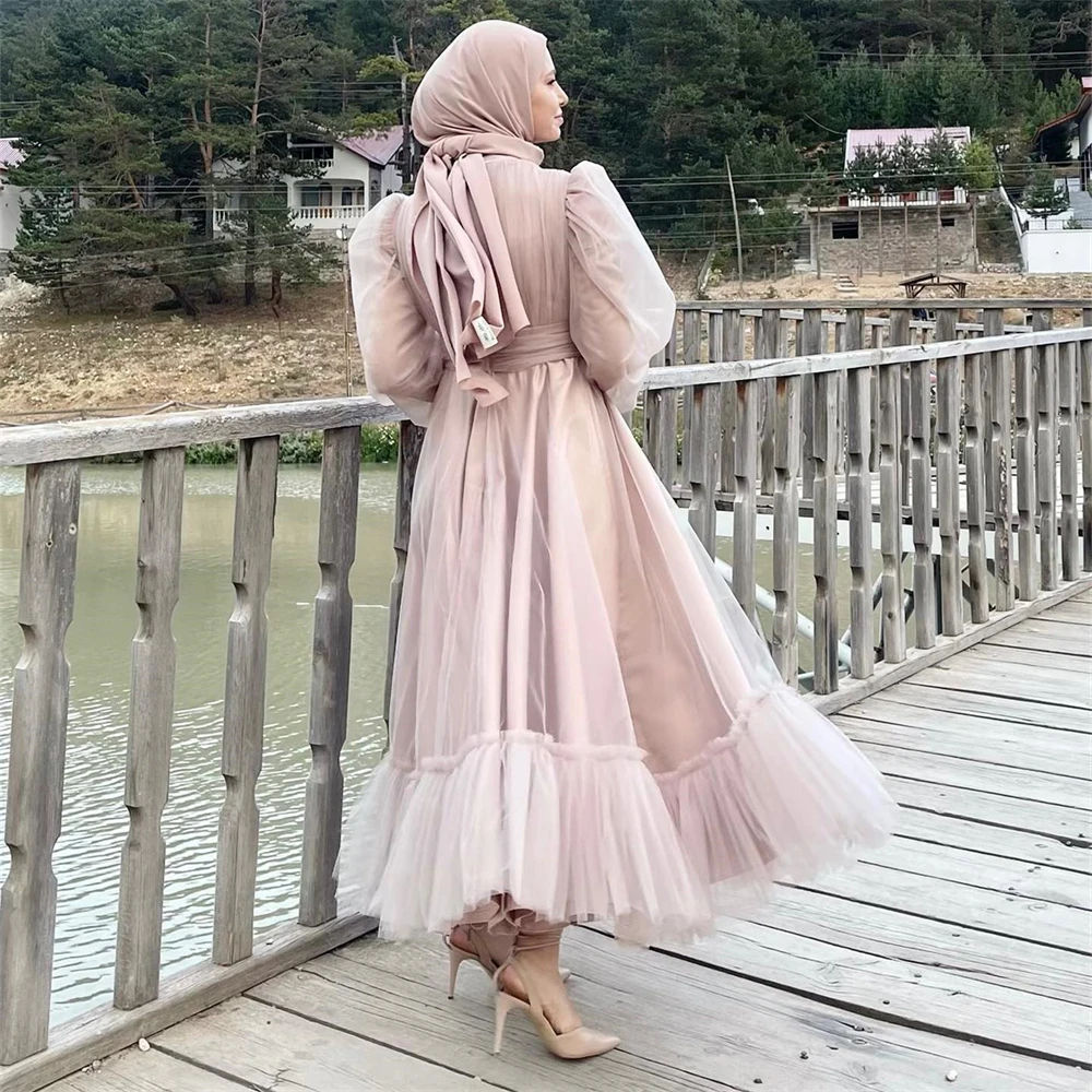 15878# Arabic Long Sleeves High Neck Ruffles Tulle A-line Muslim Hijab Evening Dress Islamic Prom Gown Customized فساتين زفاف