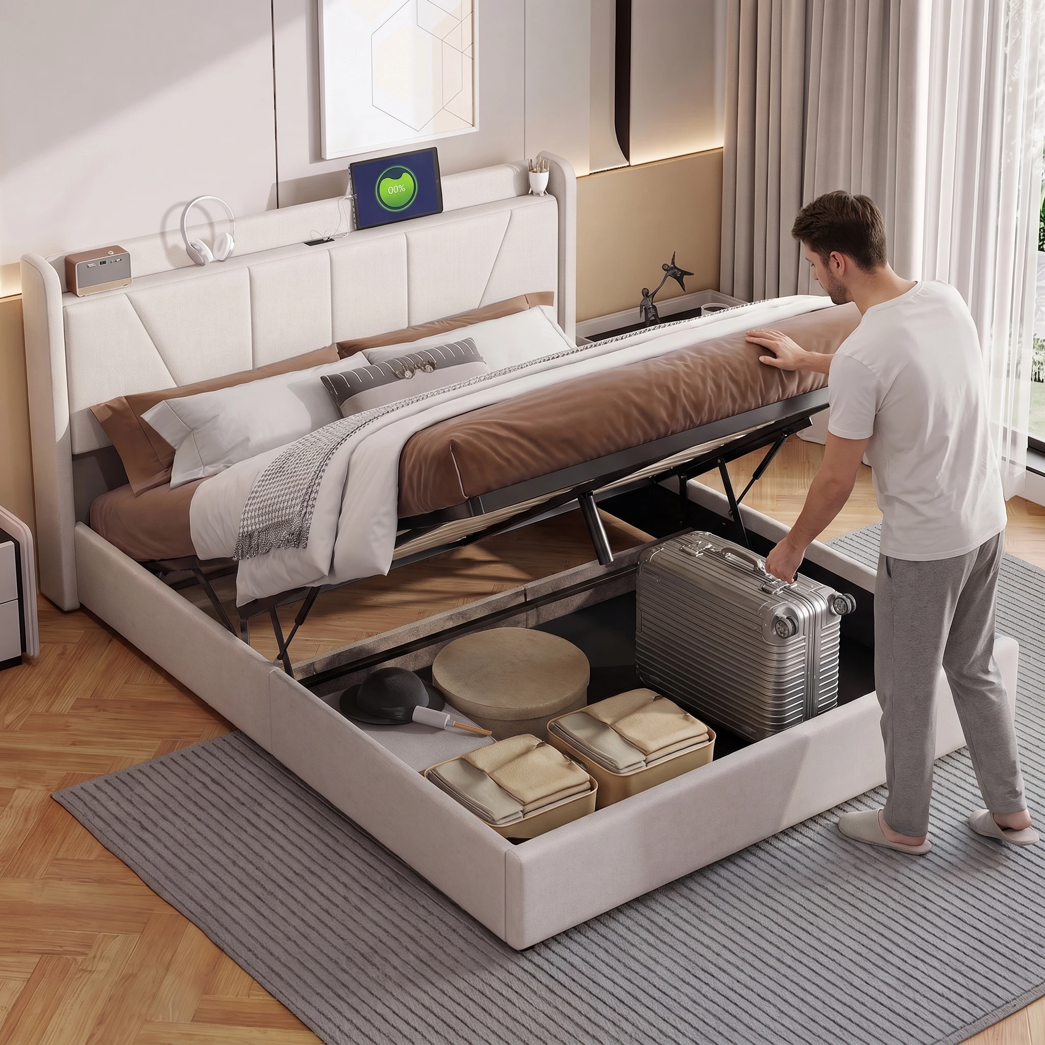 Letto idraulico con contenitore integrato Anajqaqia, 140 x 200 cm, letto imbottito, letto matrimoniale con testiera, struttura letto con doghe, senza materasso, tessuto in lino, colore beige.