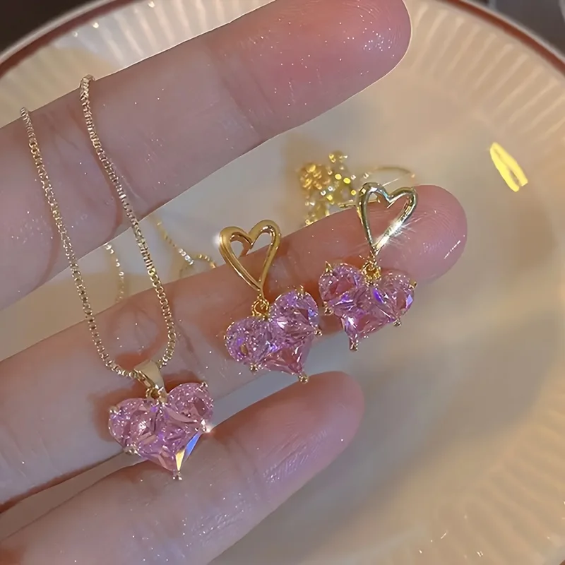 Sparkling Pink Heart-Shaped 304 Stainless Steel Pendant Earrings and Necklace Set, Suitable for Women's Dates and Meetings, Suit