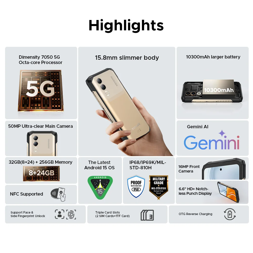 DOOGEE Blade20 Turbo 5G هاتف متين Gemini Al 6.6 بوصة شاشة 10300 مللي أمبير بطارية 8 جيجابايت 256 جيجابايت 50 ميجابكسل كاميرا أندرويد 15 NFC الهاتف المحمول