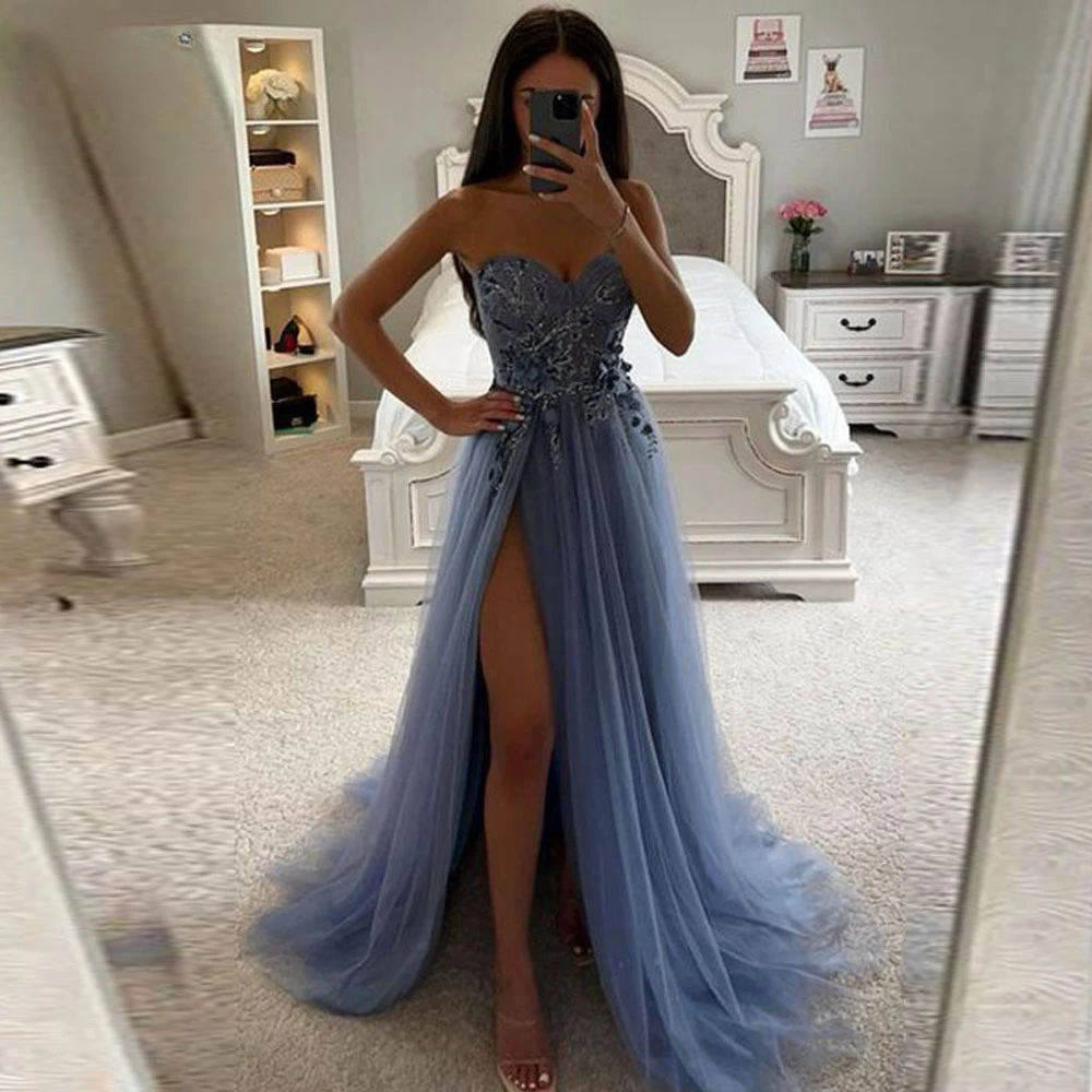 Elegant A-line Princess Tulle Sweetheart Prom Dress With Appliques Sweep Train Cocktail Dress With Slit Occasion Wedding Growns